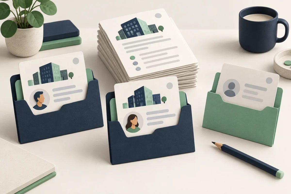 Shared research cards feeding separate message folders, with one folder held beside a review pencil
