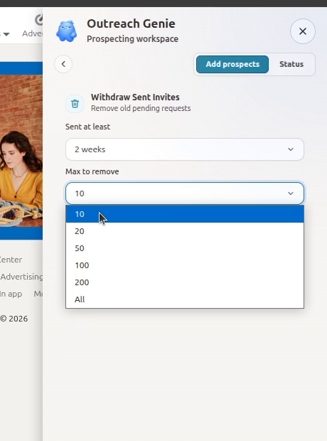 OutreachGenie Max pour supprimer le menu avec des tailles de lots de 10, 20, 50, 100, 200 et Tous
